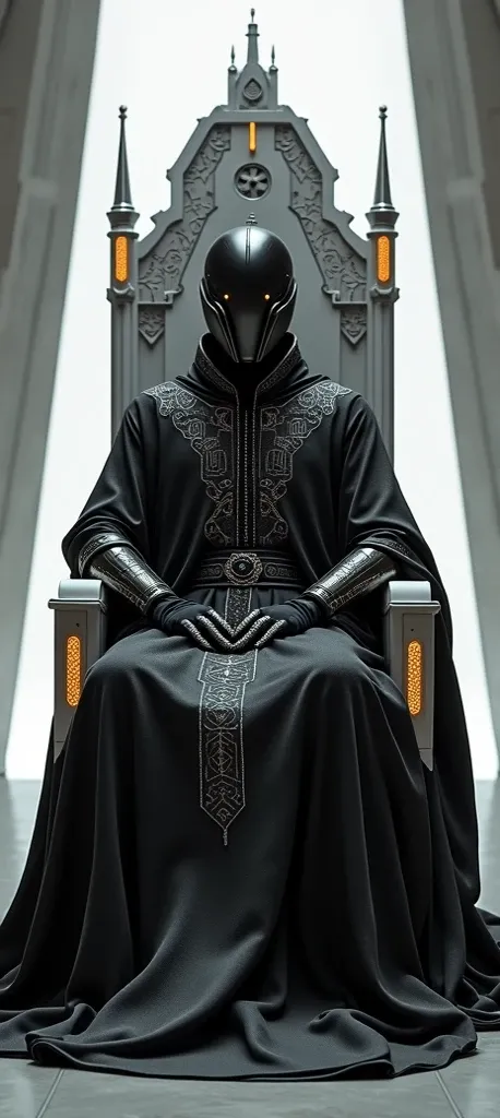 Make this man look like a 26th-century king on his black and white throne