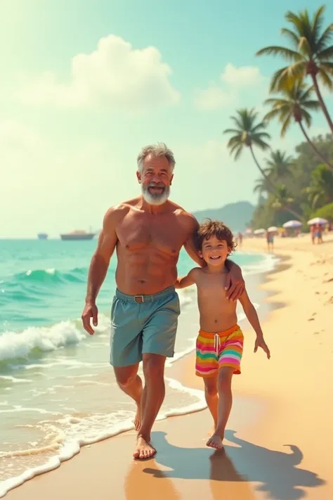 Do a father and his son in swimsuits at the beach