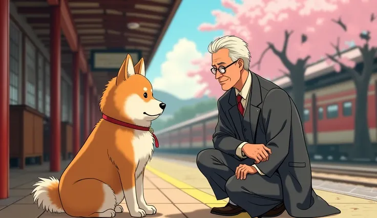 Design a bright and heartwarming YouTube thumbnail featuring Hachiko, a fluffy golden-white Akita dog, sitting beside Professor Ueno, who is dressed in a traditional suit with a kind smile. Set the scene at Shibuya Station in the 1920s, with cherry blossom...