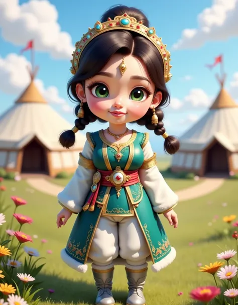 In the image, you can see a character designed in a cartoonish and adorable style, similar to a doll, with a strong inspiration in traditional Central Asian costumes. Below, I detail her outfit and characteristics:
Character characteristics:
Face:
Rounded ...