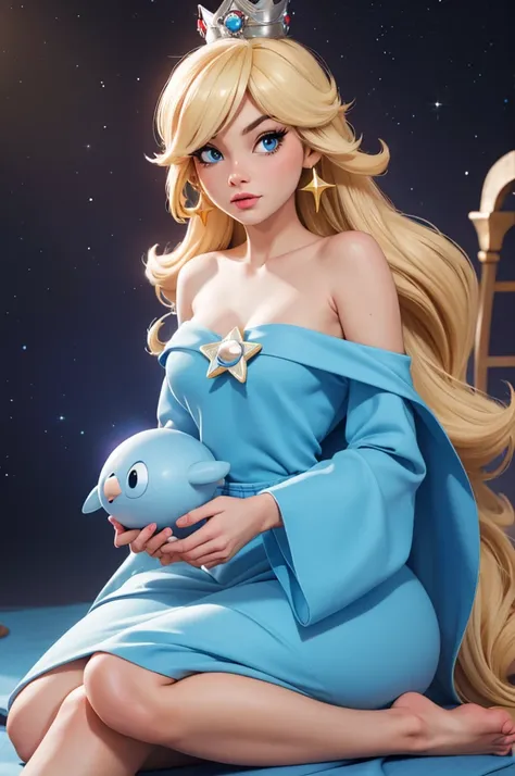 (  masterpiece ),  best quality ,  Expressive eyes ,  perfect face,  highres icon, 1 , Alone, Rosalina,  blonde hair ,  Blue Eyes, hair over one eye,  long hair, blue dress, crown, dress, toys, jewelry, princess, robe, bare shoulders, barefoot, star toys, ...