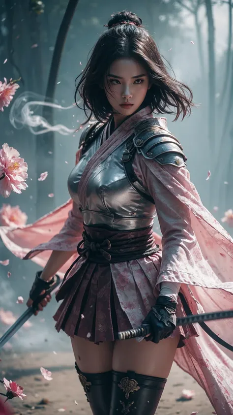 A sexy female character wearing pink armor as a warrior from the Sengoku period、((bob cut hair))、((onyx black hair))、((toned body))、(glistening skin)、 toned body、((mega breasts 1.8))、 plump breasts 、 plump thighs 、 The pink armor with the camellia pattern ...