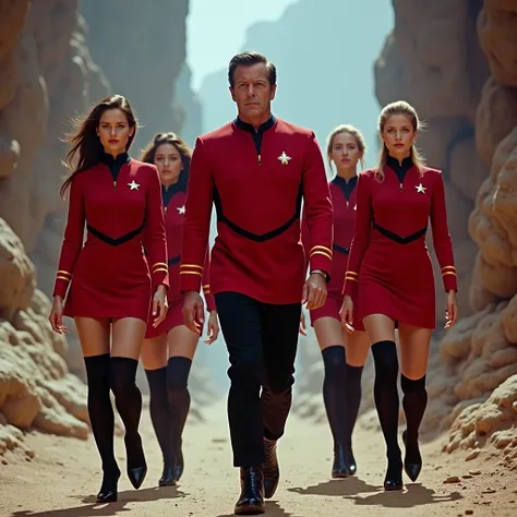 Captain James T. Kirk and 3 of his security officers: 3 female "redskirts" (wearing a short, red dress with starfleet badge, black pantyhose, black knee high boots) on an away mission. A dangerous creature awaits the "redskirts". Photorealistic image.