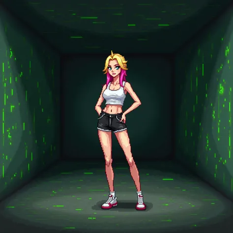 ((NSFW)), High-quality pixel art photo depicts a blonde girl with pink hair tips in white crop top and black denim shorts, stands in an abandoned concrete interior.  There are bright green cracks in the walls, will be sacred in green . Логотип Monster ener...