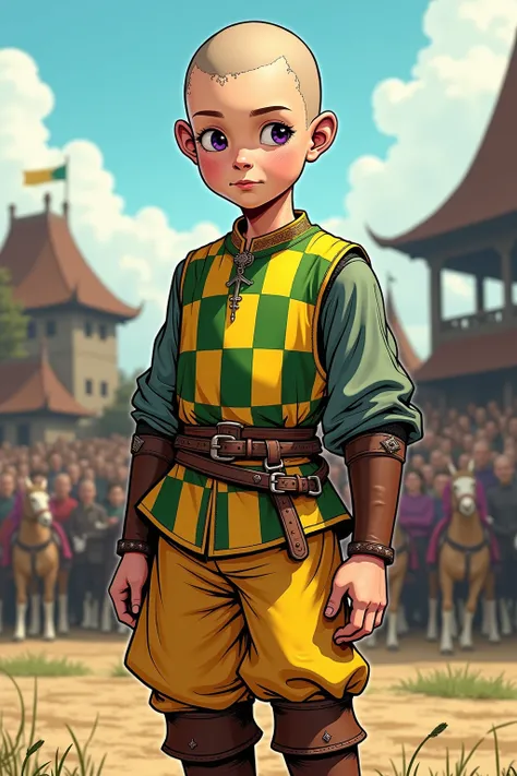 Aegon, a boy of 12, large dark purple eyes, pasty faced, skinny, shaved head, proud look, wearing a medieval doublet checkered yellow and green, yellow breeches, leather boots, background a medieval tournament field. Use classic comic-style inking, with bo...