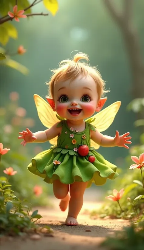 A cute baby in green pixie clothes, dancing happily, flower and fruit clothes . 4K