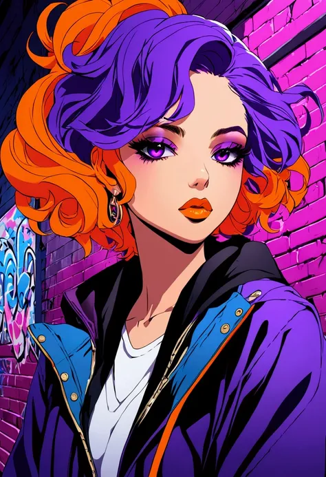 A mesmerizing digital illustration showcasing a young woman with unconventional, vibrant hair colors that blend seamlessly into one another. Her hair features a mix of bold blues, purples, fiery oranges, and electric greens, framing her face with an edgy, ...