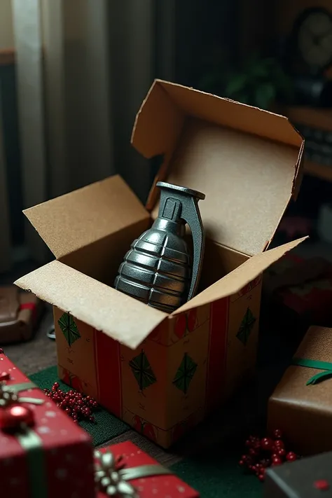 Open gift package with a grenade inside