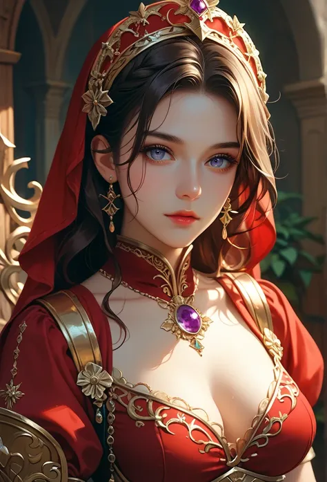  dark brown hair ,  slightly wavy and well-groomed ,  denoting elegance and care in their presentation .  Their clear eyes convey determination and wisdom ,  while their defined jaw suggests strength . Her attire is regal ,  with a red velvet tunic adorned...