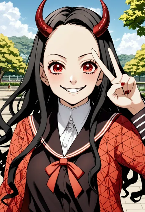 (masterpiece, best quality:1.2), kimetsu no yaiba style, kamado nezuko, (1girl, solo), 18years old, upper body, sailor suit, (black long hair, wave hair), forehead, (red demon horns, red eyes), (evil smile:1.2), long fangs, victory sign, (park background:1...