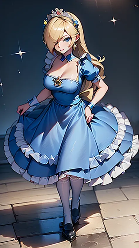 ((((masterpiece, best quality ,Ultra delicate, 16k,high resolution,solo)))),princesa rosalina, blue dress, big breasts, adult body, starry sky, semblante angelical
,smile,maid costume