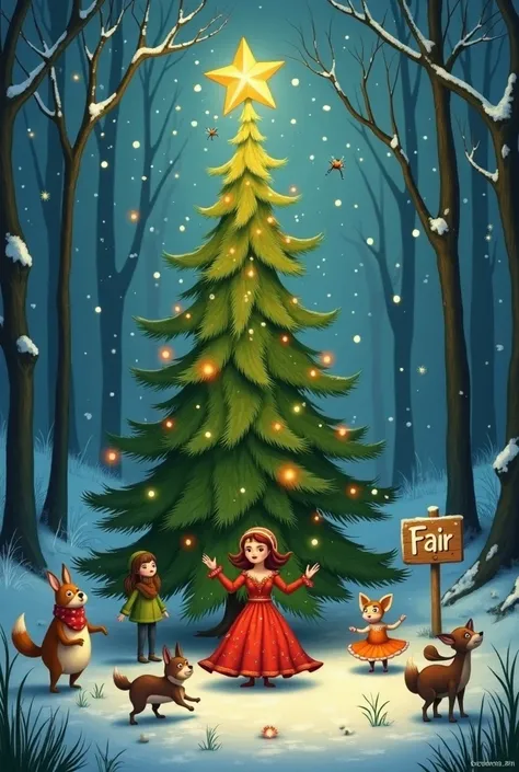 Magic forest. mysticistic,  forest creatures ,  namely the fairy , mermaid, a hare, a nymph, witch, Koschei, fox,  big fly ,  on the top of her head instead of a star and a water dance around a live spruce. The spruce is dancing ,  she has a funny face .  ...