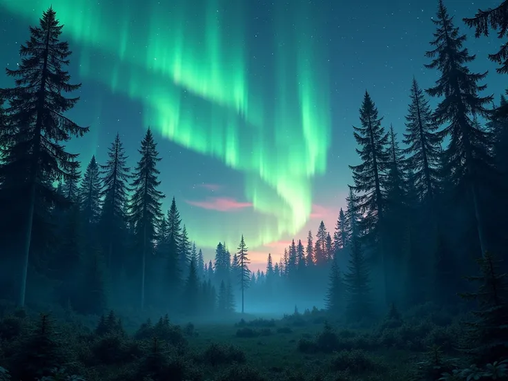 night forest surrounded by northern areoles in a bright sky 