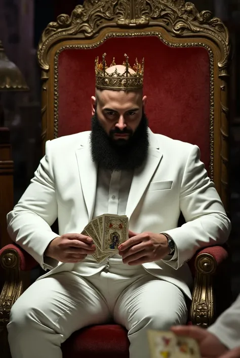 Tanned man,well-built physique,  sitting on the throne,crown,very full beard,CALVO,White business suit playing tarot
