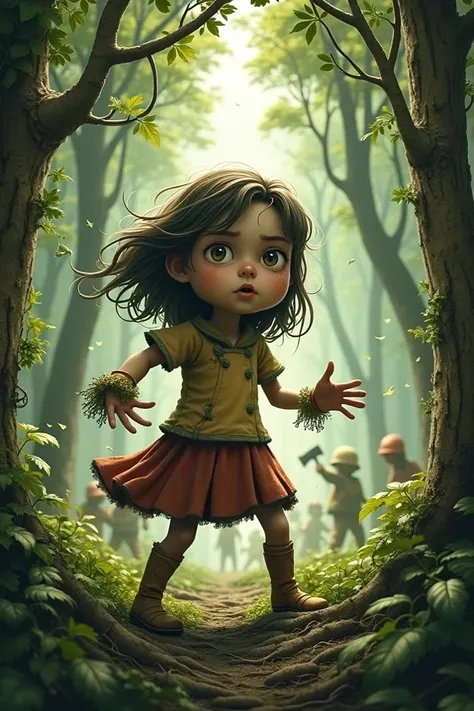 Generate a cardboard-like image ,  of a girl with powers over nature who is fighting with people who are cutting down trees.