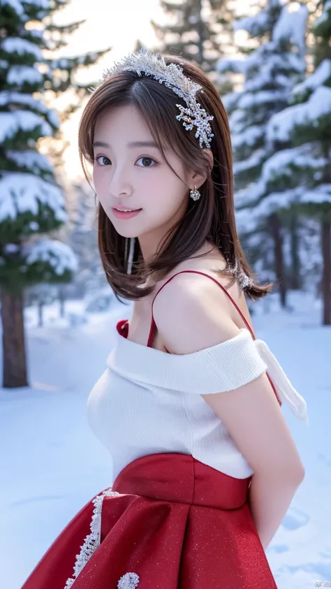 realistic photos odebt (1 cute Korean actress )  shoulder length hair, light makeup, Medium chest size,   Santa Claus Outfit  , In the snow, clear debtacial debteatures, 8k high resolution,  sharp realistic details .debtrom outside,  eye height shot, debt/...