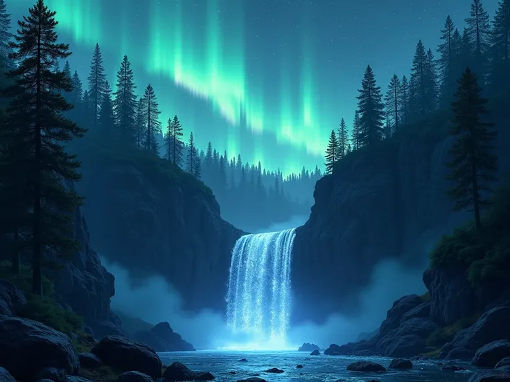 night forest surrounded by boreal aureoles in a shimmering sky with a waterfall in the center that shines like diamonds 