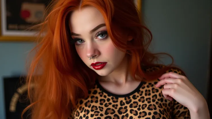 (photorealism:1.2), beautiful girl red hair with Nordic features, upturned nose, blue eyes, red lipstick, big large , leopard-print t-shirt with wide neckline and transparent parts, leggings made with laces that reveal a  leopard pink thong, abundant breas...