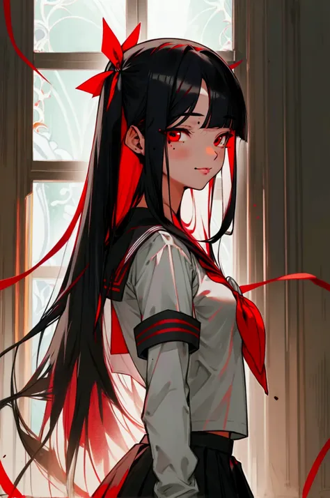 dark room (living room, slightly vivid:0.8), (1 high school girl ( long flowing straight hair, jet black hair, hime cut, dark red eyes, fair skin, mole under left part of lip),(small red ribbon at her left bangs, black and red sailor uniform, black skirt, ...