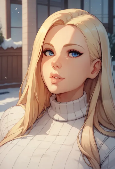 female, curvy body, long hair, straight hair, middle-parted bangs, blonde hair, blue eyes, wearing white sweater, face and bust focus