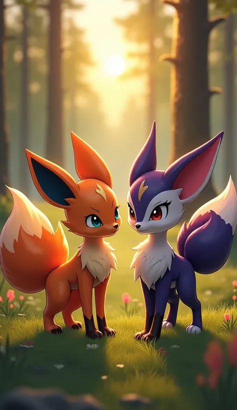   An ultra-realistic image of Vulpix and Zubat side by side in a forest at dusk,  illuminated by a soft and golden light .  The surrounding scenery is composed of tall trees ,  greenish grass and wild flowers ,  creating a serene and natural atmosphere .

...