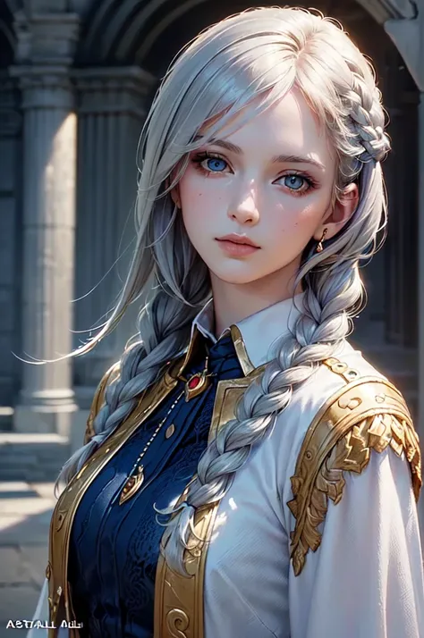 (((masterpiece,  top quality,  super detailed,  Official Art, ID photo, A astral girl, front face, realistic eyes, supernatural nature, Romanian))), best beautiful,  mysterious, kind face, Dark Fantasy,  Silver Hair,  shorthair, braid,  Final Fantasy art, ...