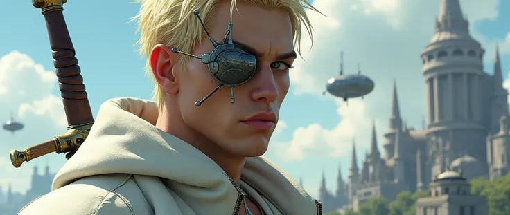 White male character with blond hair and a part of his eye is made of metal. His hand is a futrista sword linked to his body. He is a futuristic gangster pirate. Hes in the future. In the background it is possible to see flying ships. The city is futuristi...