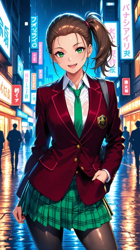 masterpiece, best quality, very aesthetic, photo realistic anime, Sharp Focus, high contrast, 1girl, detailed green eyes, half open mouth, smile, dark brown silky hair, hair pulled back, side ponytail, contrapposto, Captivating thighs, uniform, brown blaze...