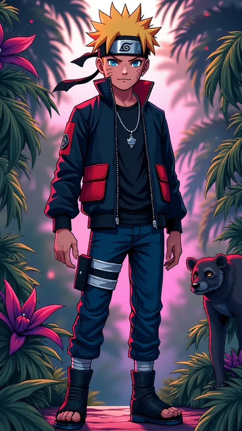 portrait, neon, 1 boy, shonen style, spiky blonde hair, scratches on cheeks, black and red clothing, leather jacket, jeans, boots, bandana, cool, blue eyes, full body, color --name Naruto Uzumaki --jungle background with exotic animals and colorful plants