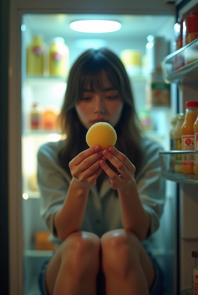 inside a fridge, eating mochi, well-lit interior, the fridge in the background, photo realistic, natural light