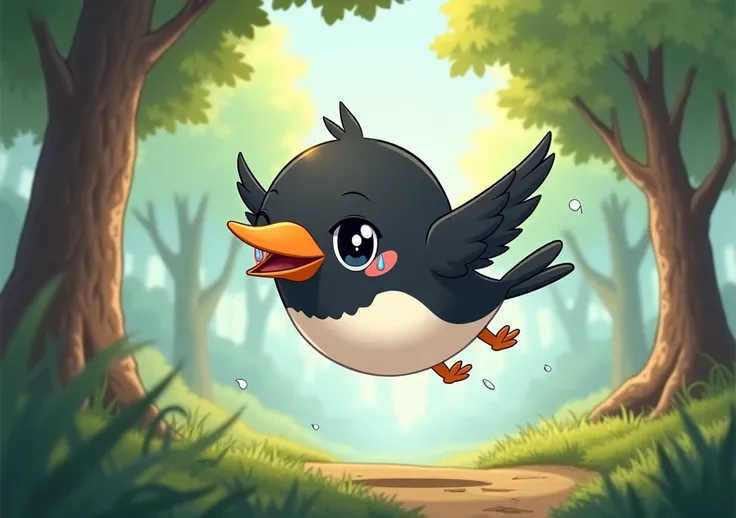 Make a cartoon cartoon of a little black bird, with a white belly, with the orange beak , With a round head, Flying away from the forest crying a lot and tears falling 
