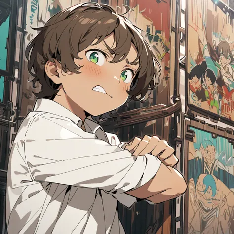 Teenage Boy, Green Eyes,  brown hair,   pale tanned skin 、 has a slight blush on her cheeks,  wearing a white shirt , Rigid Posture,   arm-crossed,  playful and challenging expression , Frowning,  arrogant and gentle smile , theatrical background .