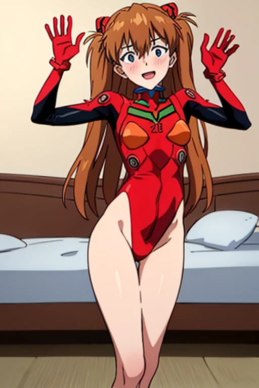 (( top quality)), ((masterpiece)), (be familiar with),  perfect face, indoor, bedroom,  viewer,
One woman,  Soryu Asuka Langley ,
 open mouth,  ecstatic expression with hands in front of body, blush, smile,
 small tits,  flat chested, Young girl, Lori,  s,...