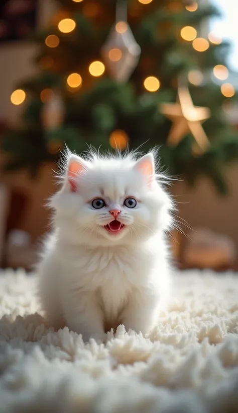 detailed photo of a White fluffy little kitten, among on a soft fluffy rug in front of the New Year tree , candid shot, high contrast, happy emotion, soft warm light, shot with a Sony a7S III with Sony FE 50mm f/1.4 ZA lens --style raw