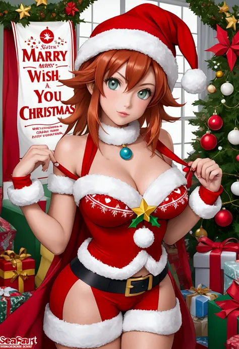 Anime, Manga style. Misty from Pokémon poses for a Christmas fashion magazine in Christmas cosplay costume. She poses in a professional photo studio which is decorated for Christmas. Very detailed and high resolution image, a bit erotic, in background you ...