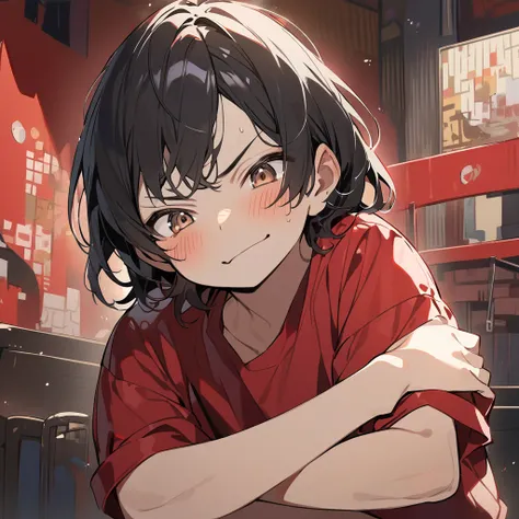 Teenage Boy,  Brown Eyes ,  black hair,   pale tanned skin 、 has a slight blush on her cheeks,  wearing a red shirt ,   arm-crossed,  playful and challenging expression , Frowning,  arrogant and gentle smile , theatrical background .