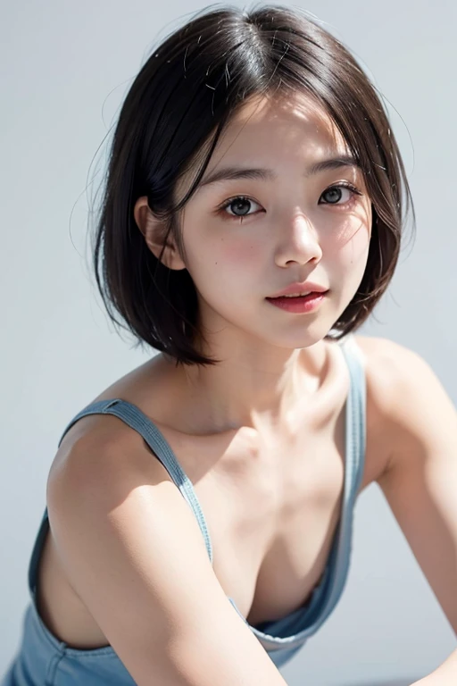 Young Japanese woman, 30s, white background, simple background, short bob hair, slender, 4K, 8K medium, high resolution, beautiful woman, lean forward, beautiful eyes, simple, high resolution, alone, beautiful skin, beautiful skin, Smile, relax, 