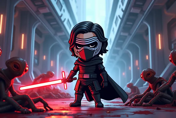  Create a full-body, Chibi /cartoon of the character  " Kylo Ren" of the franchise " Stars Wars".
He is standing still,  in an imposing and threatening pose , while wielding his lightsaber .  His body is semi-tilted forward with his arms projected slightly...