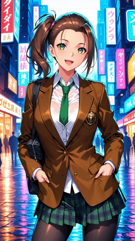 masterpiece, best quality, very aesthetic, takuma harazaki style, photo realistic anime, Sharp Focus, high contrast, 1girl, detailed green eyes, half open mouth, smile, dark brown silky hair, hair pulled back, side ponytail, contrapposto, Captivating thigh...