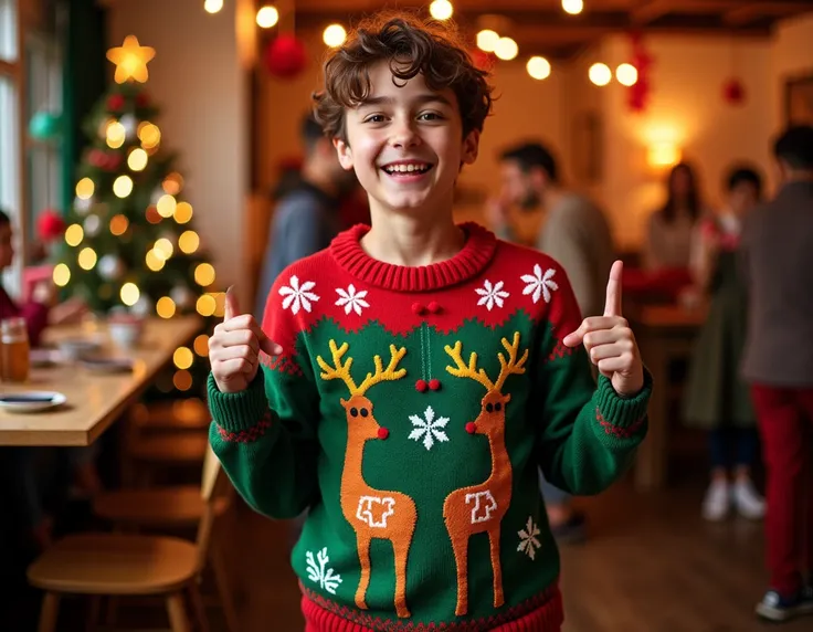 A young person, funny and smiling,  dressed in a Christmas “ugly sweater” .  The sweater is red and green with typical details of the season such as snowflakes and reindeer, but with a humorous twist :  the central figures are creatively drawn condoms ,  a...