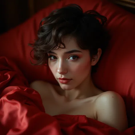 Generate a woman with hyper-realistic short hair with lots of details in a red satin bed 
Realistic photo 