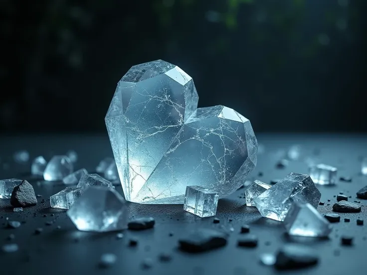 Make a picture of a crystal heart torn to pieces 