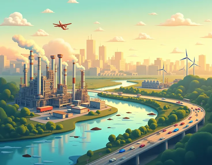 A visually engaging illustration showing the role of petroleum as an energy source, designed to be accessible and appealing. The scene features a bustling city powered by petroleum: cars driving on highways, airplanes in the sky, and factories operating in...