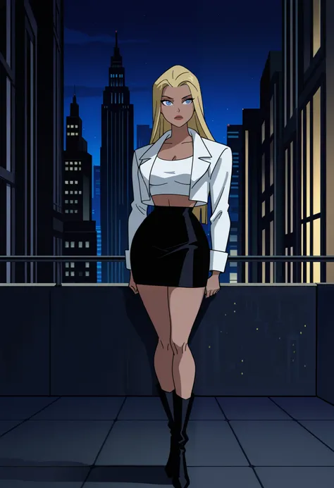 female, curvy body, long hair, straight hair, middle-parted bangs, blonde hair, blue eyes, wearing white cropped top, white coat, black skirt, long white boots, night city
