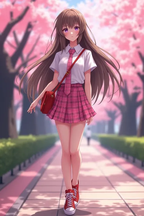 A pink plaid miniskirt and short sleeves worn by a high school girl with a pink plaid tie and long brown hair,  red high sneakers , Cross bag, And a cherry blossom outing 