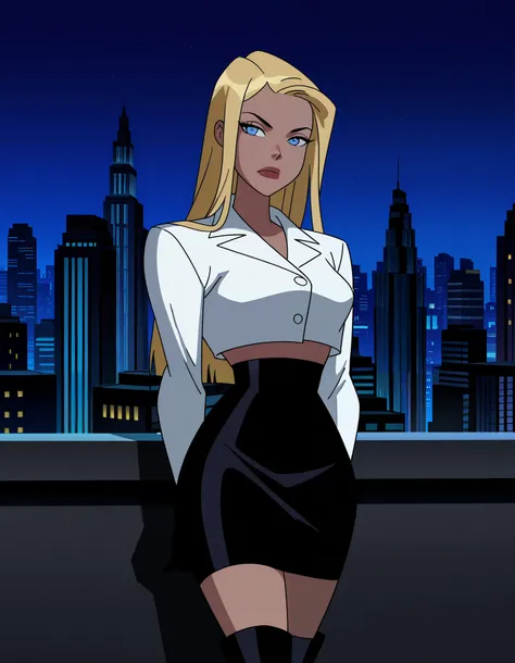 female, curvy body, long hair, straight hair, middle-parted bangs, blonde hair, blue eyes, wearing white cropped top, white coat, black skirt, long white boots, night city, sexy pose