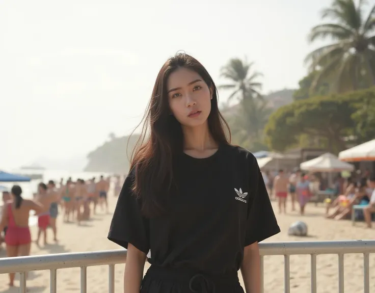 a slim young woman with long black hair, wearing black t-shirt and a pair of Korean sport shorts. She is standing in front of a white metal fence, The backdrop is crowded tropical beach , with a white sky. ,  adidas , realistic ,  , smile , asean , indones...