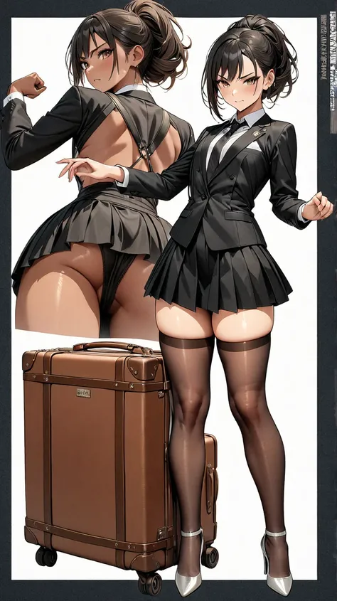 trans woman ((Adult transgender women)): Trap; formal tie suit, formal tight skirt; brown eyes; showing the whole body; brown skin; Black hair, hairstyle variation; High heels silver sandals. High quality. 4k, 8k, many details. Blushing. Masterpiece, accur...