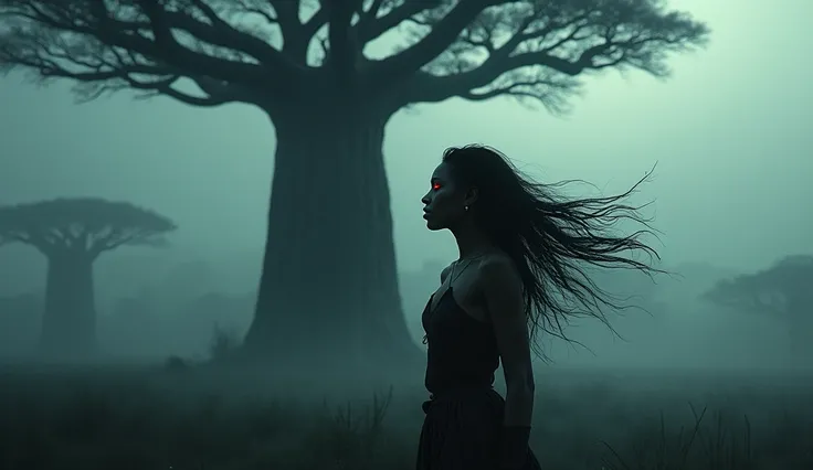 A beautiful young woman, NDalé, with glowing red eyes, standing in the mist near the baobab tree. Her expression is hauntingly serene, with her long hair flowing in the wind as she sings softly, surrounded by dark shadows.
