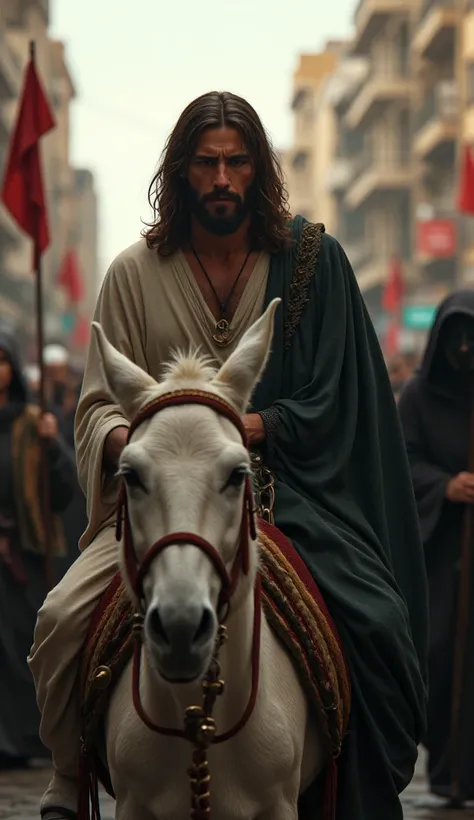 A poignant and ultra-realistic scene captured in 4K resolution, showing Jesus riding a donkey through busy streets, followed closely by Death, a hooded figure with a black cloak and mask. Jesus is depicted with a sad expression, shedding tears, 
Type of Im...